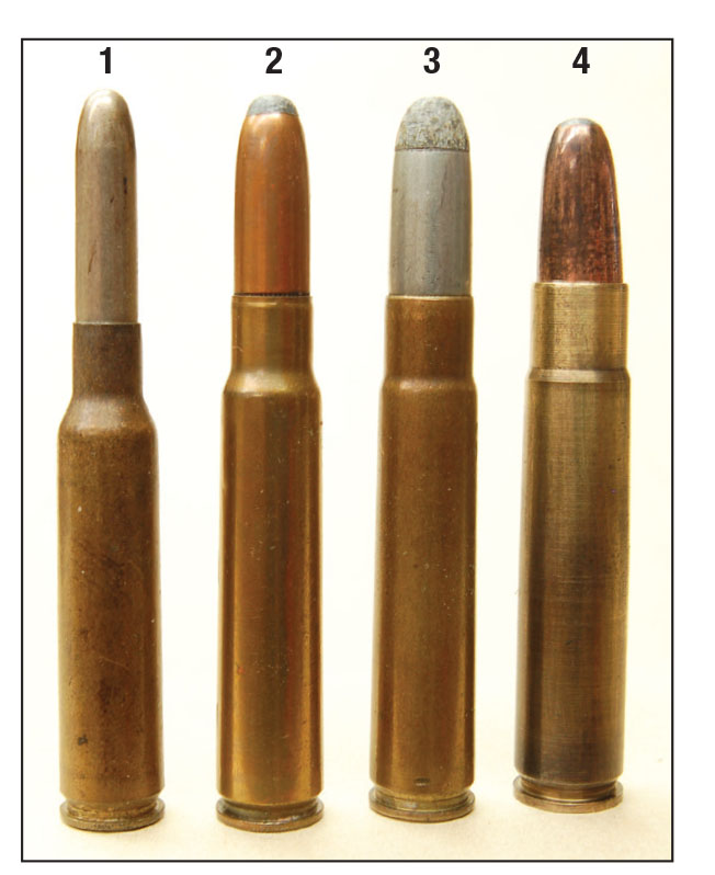 The four Steyr M-S carbine cartridges are: (1) 6.5x54mm, (2) 8mm Mannlicher, (3) 9x57mm and (4) 9.5x56mm.